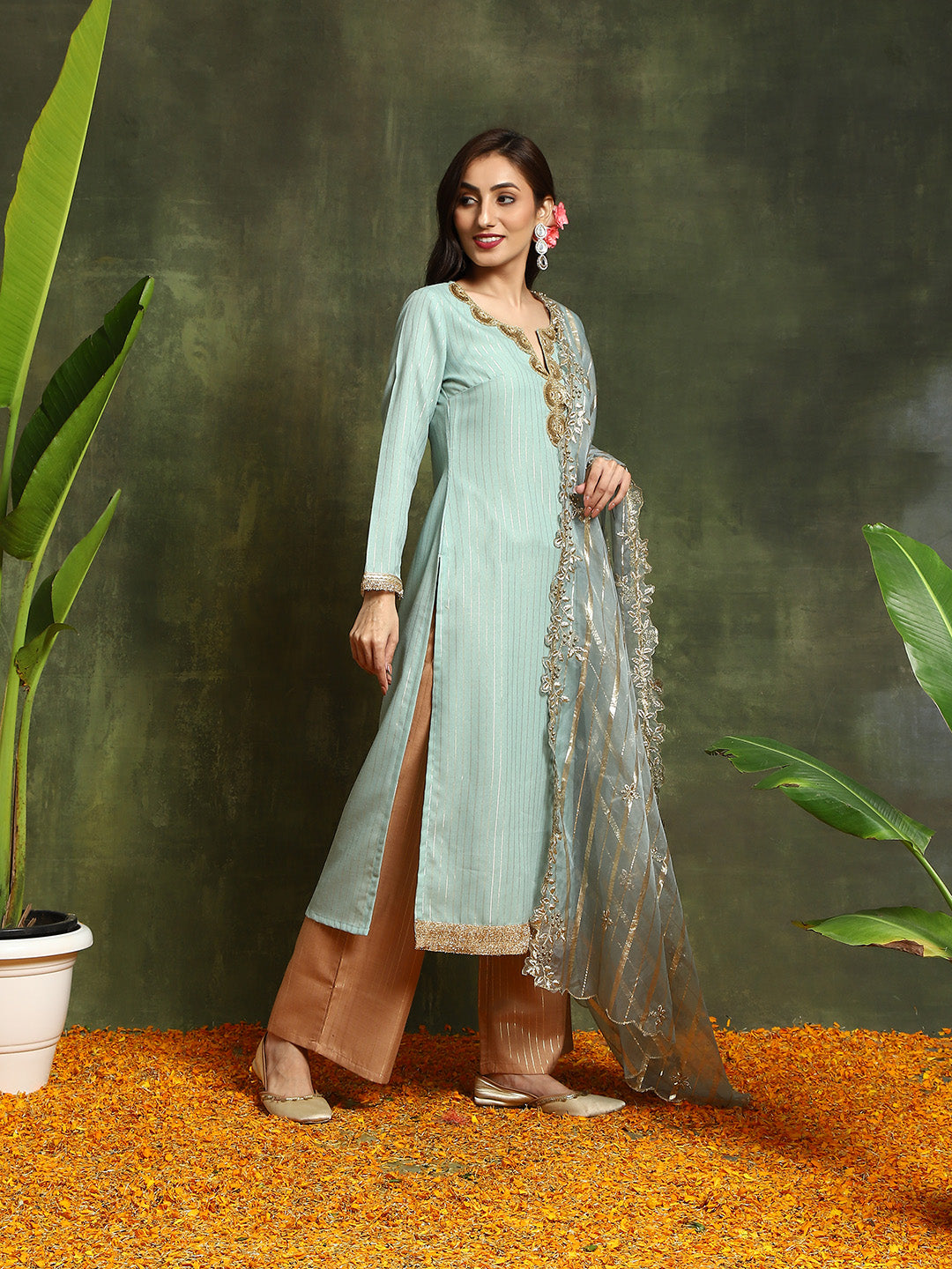 Green Lurex Designed Kurta Palazzo With Embroidered Dupatta - Elganza