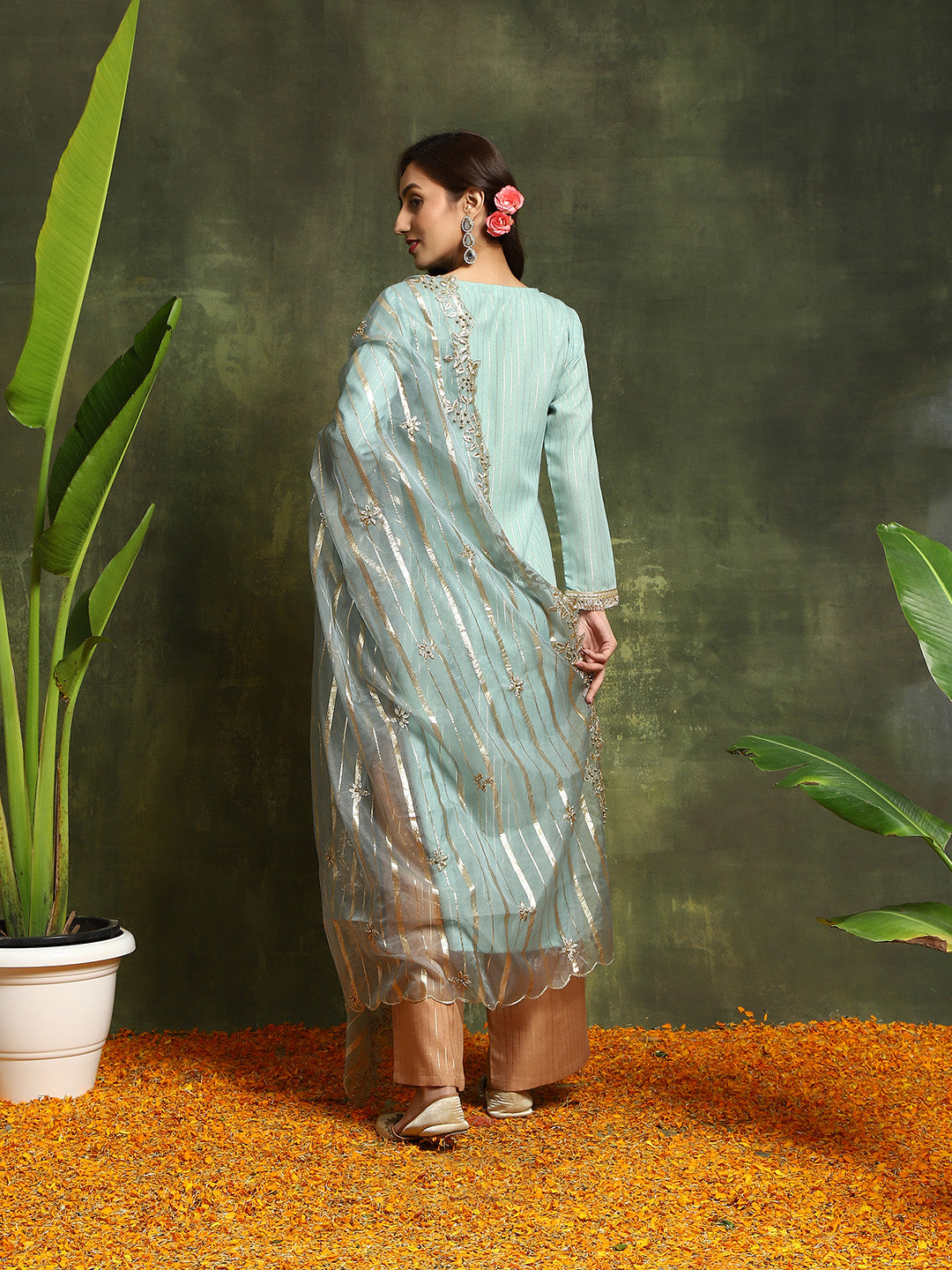 Green Lurex Designed Kurta Palazzo With Embroidered Dupatta - Elganza