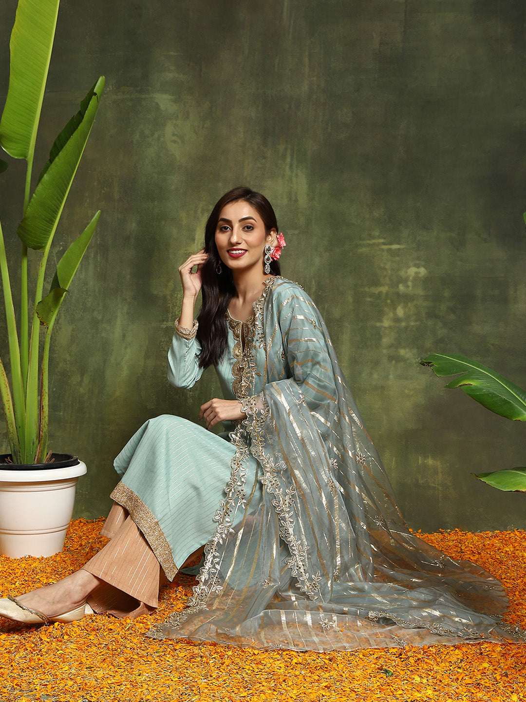 Green Lurex Designed Kurta Palazzo With Embroidered Dupatta - Elganza