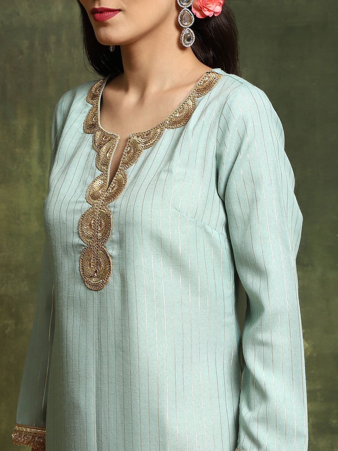 Green Lurex Designed Kurta Palazzo With Embroidered Dupatta - Elganza