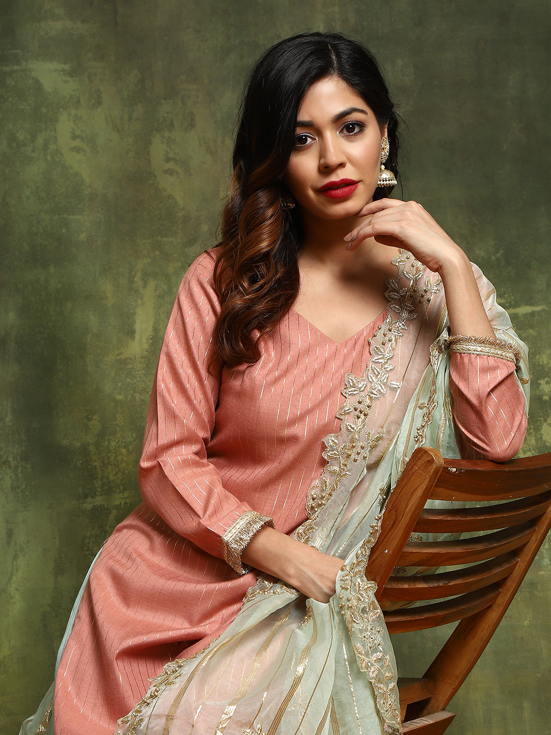 Rust & Green Lurex Designed Kurta Palazzo With Embroidered Dupatta - Elganza