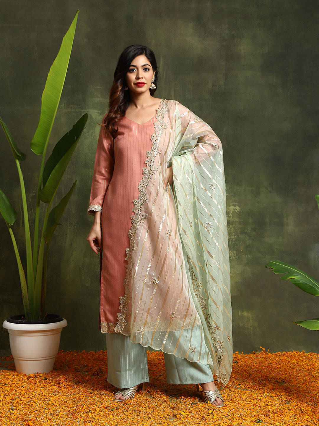 Rust & Green Lurex Designed Kurta Palazzo With Embroidered Dupatta - Elganza