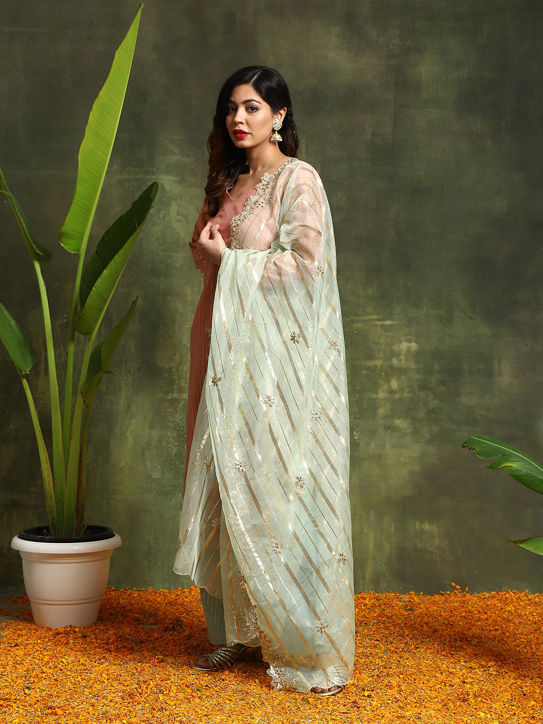 Rust & Green Lurex Designed Kurta Palazzo With Embroidered Dupatta - Elganza