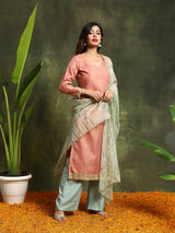 Rust & Green Lurex Designed Kurta Palazzo With Embroidered Dupatta - Elganza