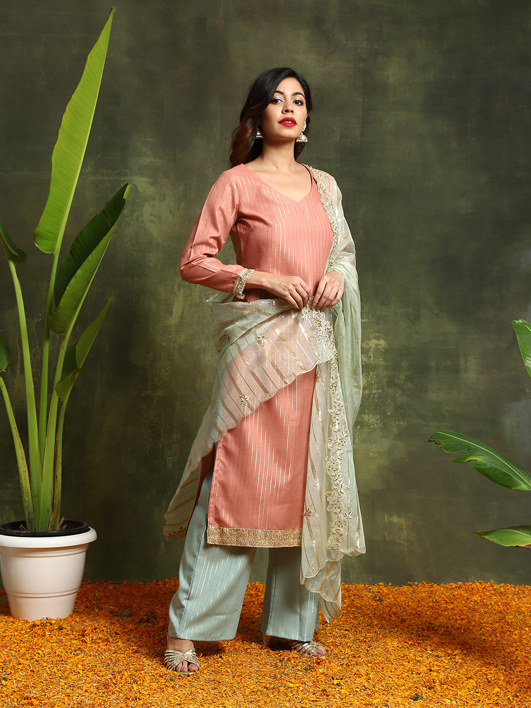 Rust & Green Lurex Designed Kurta Palazzo With Embroidered Dupatta - Elganza