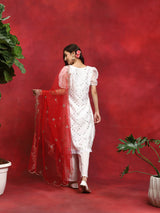 White Embroidered Kurta Pant With Zari Worked Dupatta