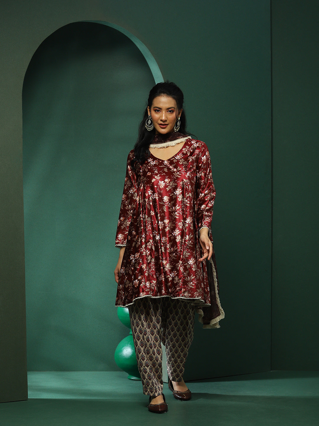 Maroon Floral Print Pakistani Kurta Salwar With Dupatta - Elganza