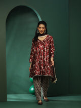 Maroon Floral Print Pakistani Kurta Salwar With Dupatta - Elganza