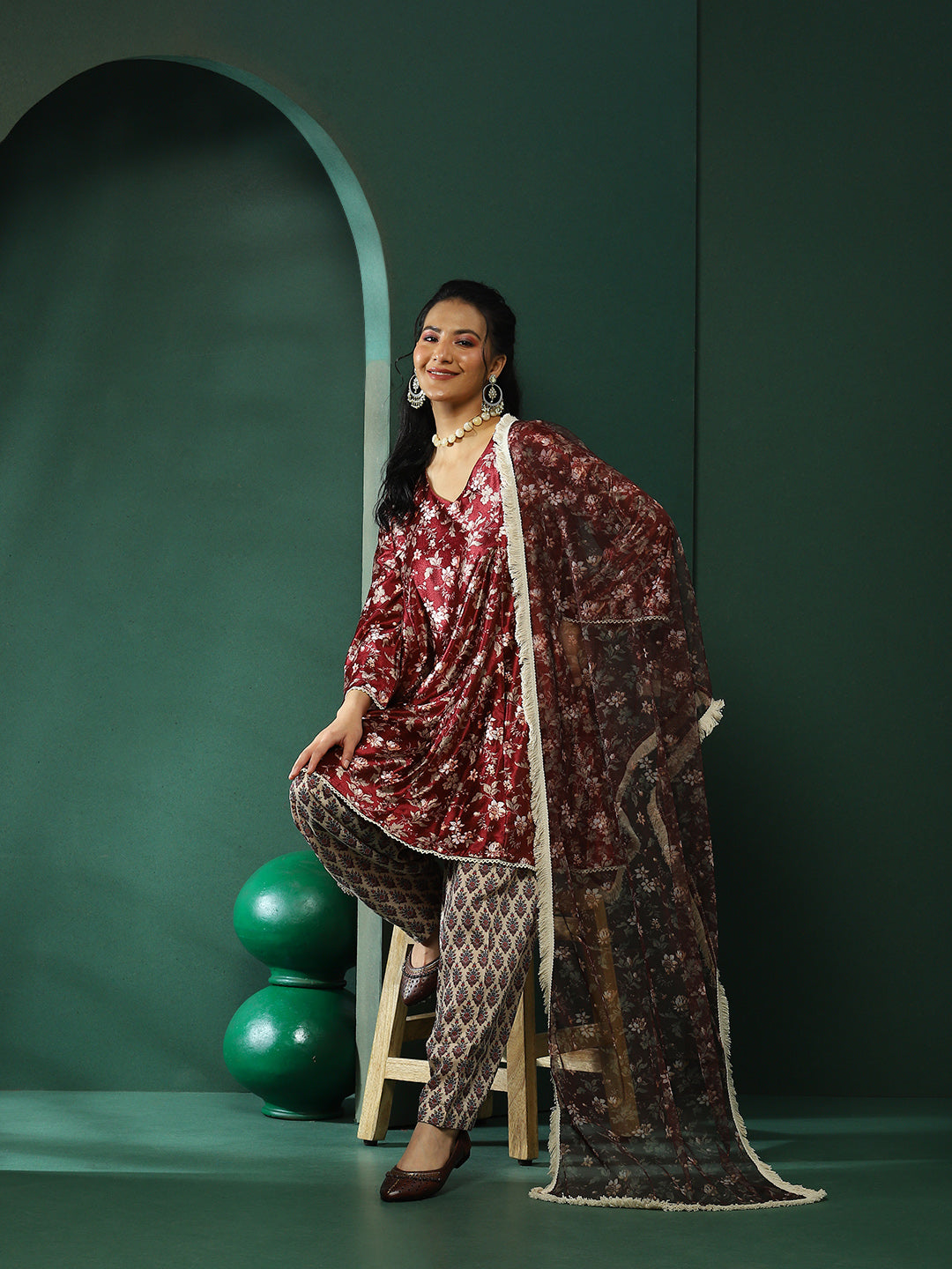Maroon Floral Print Pakistani Kurta Salwar With Dupatta - Elganza