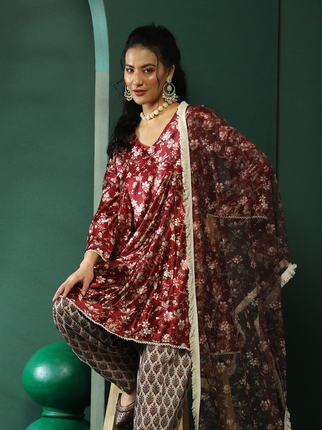 Maroon Floral Print Pakistani Kurta Salwar With Dupatta - Elganza