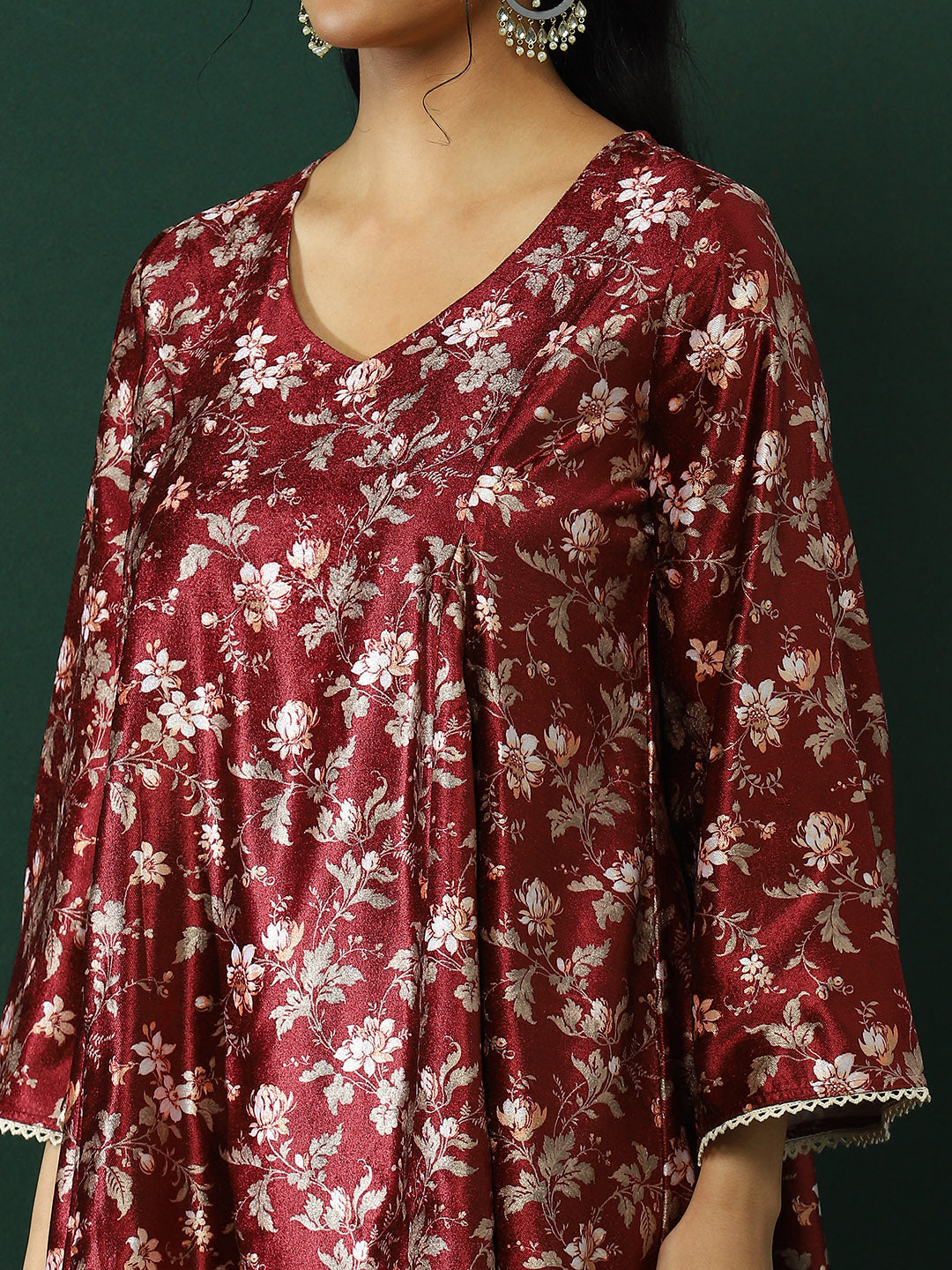 Maroon Floral Print Pakistani Kurta Salwar With Dupatta - Elganza
