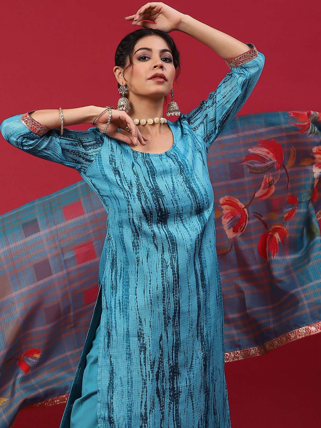 Blue Shibori Print Kurta Churidar With Dupatta - Elganza