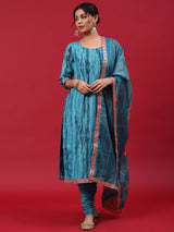 Blue Shibori Print Kurta Churidar With Dupatta - Elganza