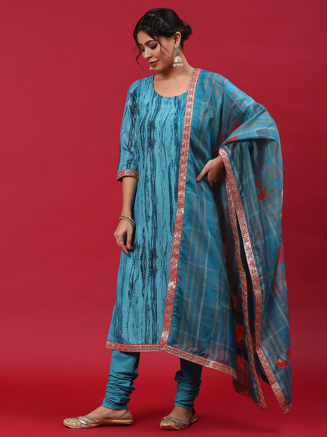 Blue Shibori Print Kurta Churidar With Dupatta - Elganza