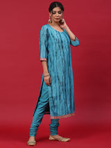 Blue Shibori Print Kurta Churidar With Dupatta - Elganza