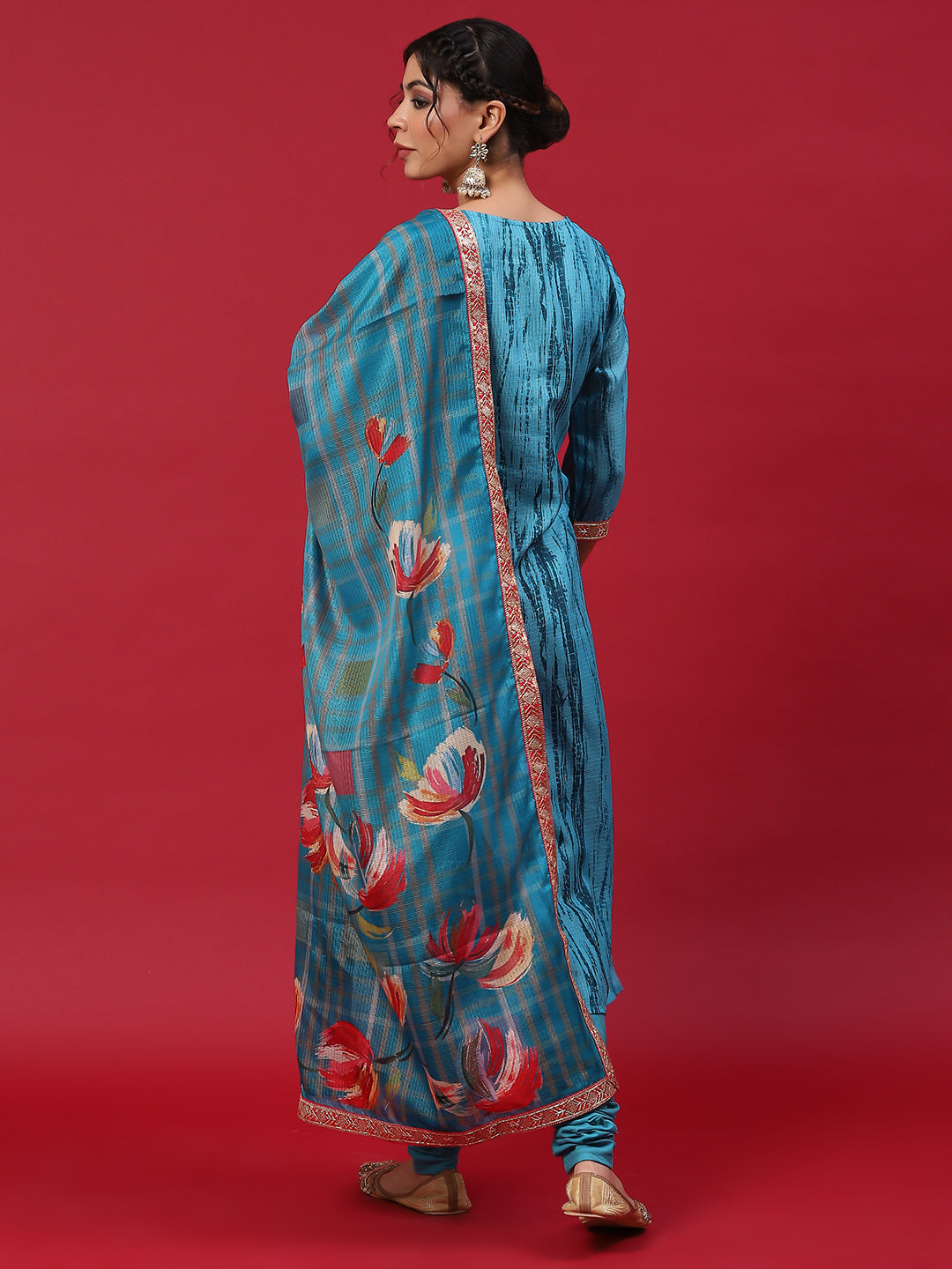 Blue Shibori Print Kurta Churidar With Dupatta - Elganza