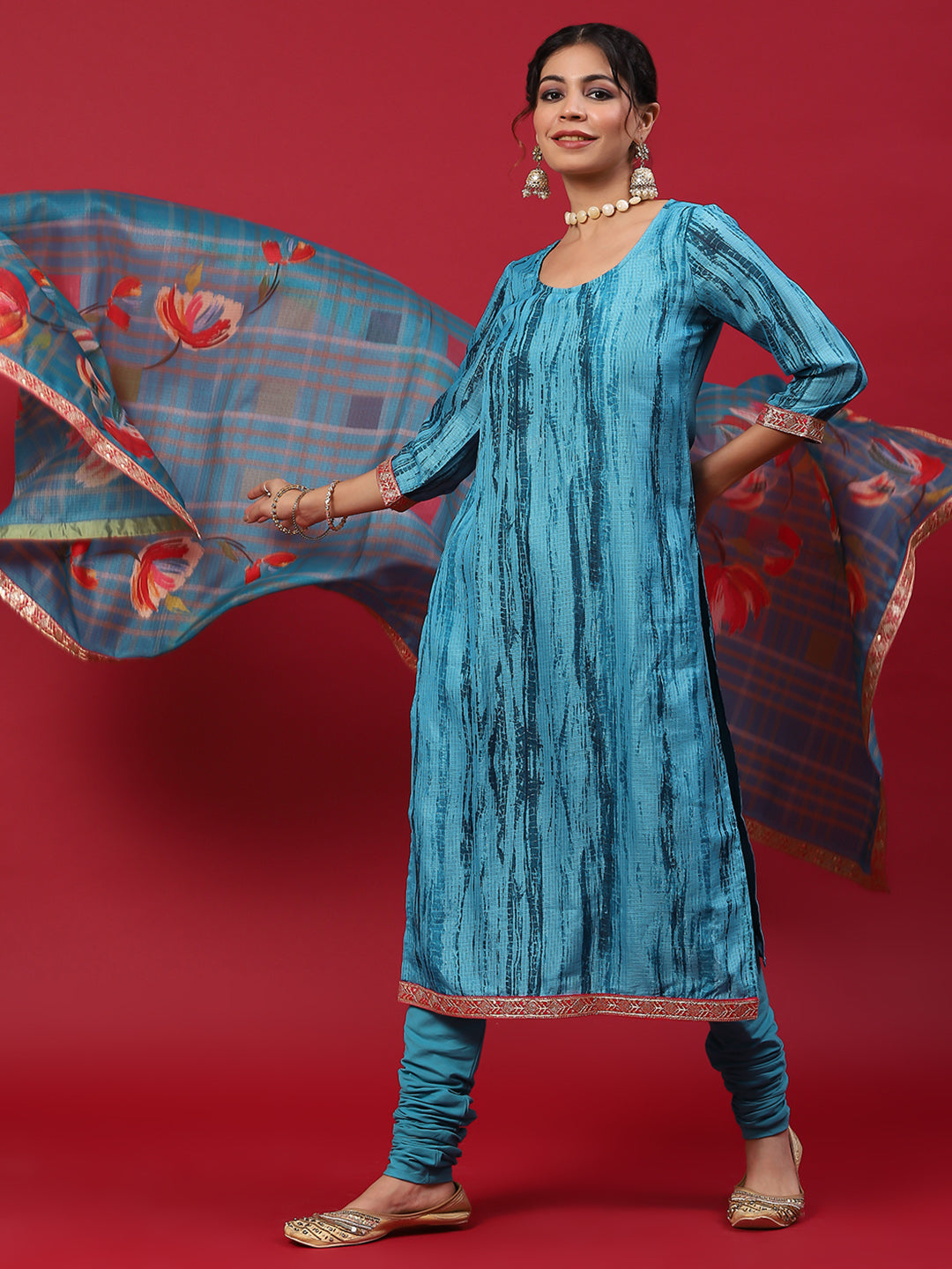 Blue Shibori Print Kurta Churidar With Dupatta - Elganza