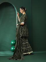 Green Floral Print Kurta Sharara With Lace Detailed Dupatta