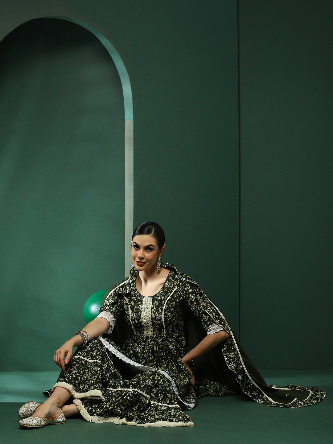 Green Floral Print Kurta Sharara With Lace Detailed Dupatta