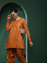 Orange Lurex Flared Co-Ords Set