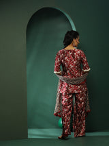 Maroon Floral Print Co-Ords Set With Dupatta