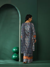 Blue Persian Motif Suit Set with Dupatta - Elganza