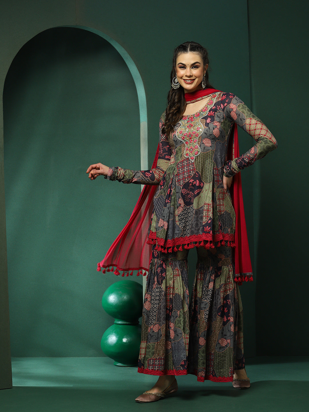 Floral Print Kurta Sharara With Dupatta - Elganza