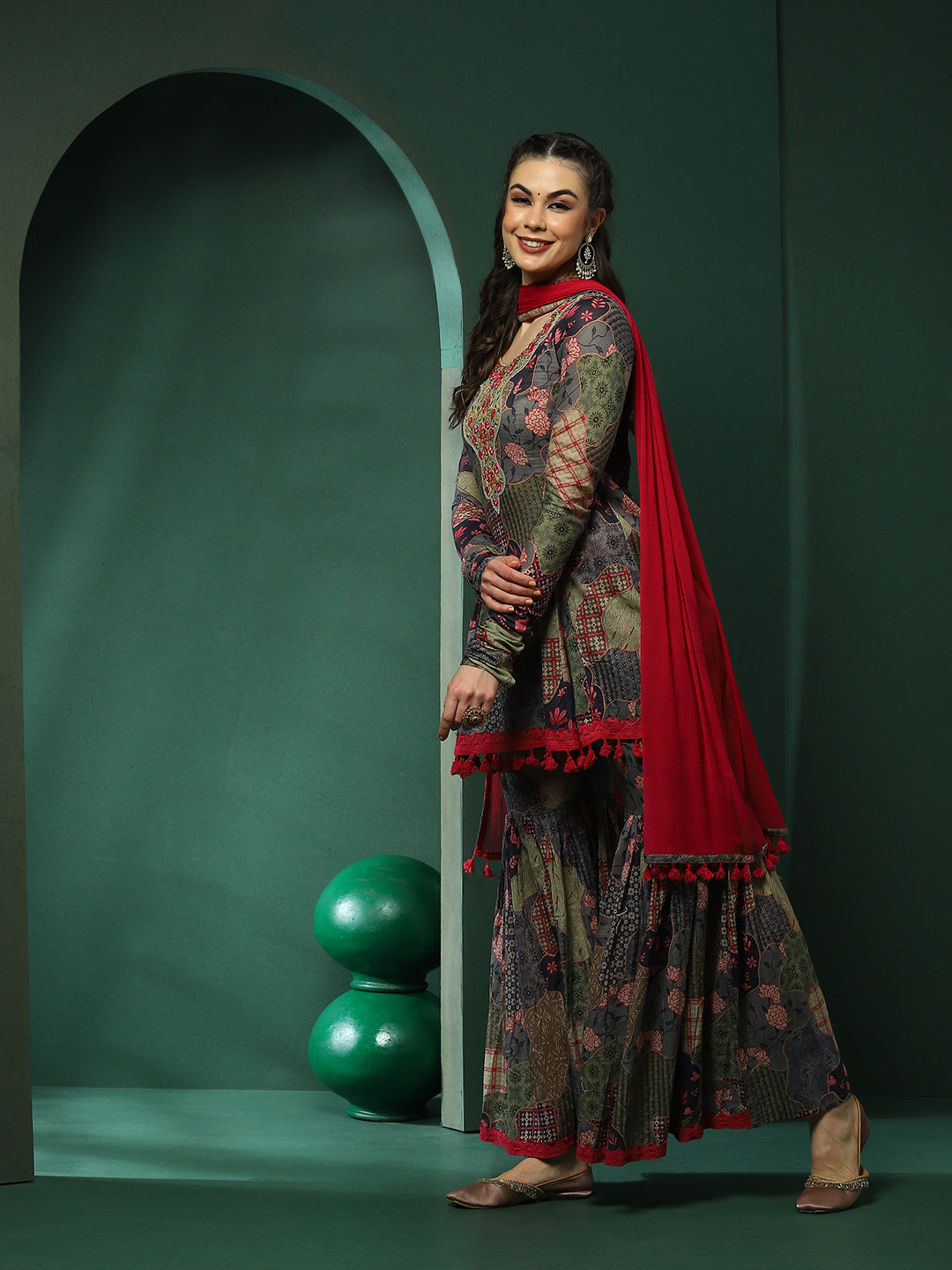 Floral Print Kurta Sharara With Dupatta - Elganza