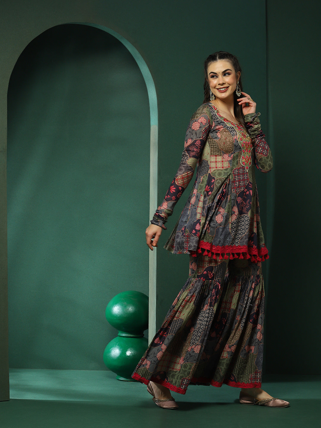 Floral Print Kurta Sharara With Dupatta - Elganza
