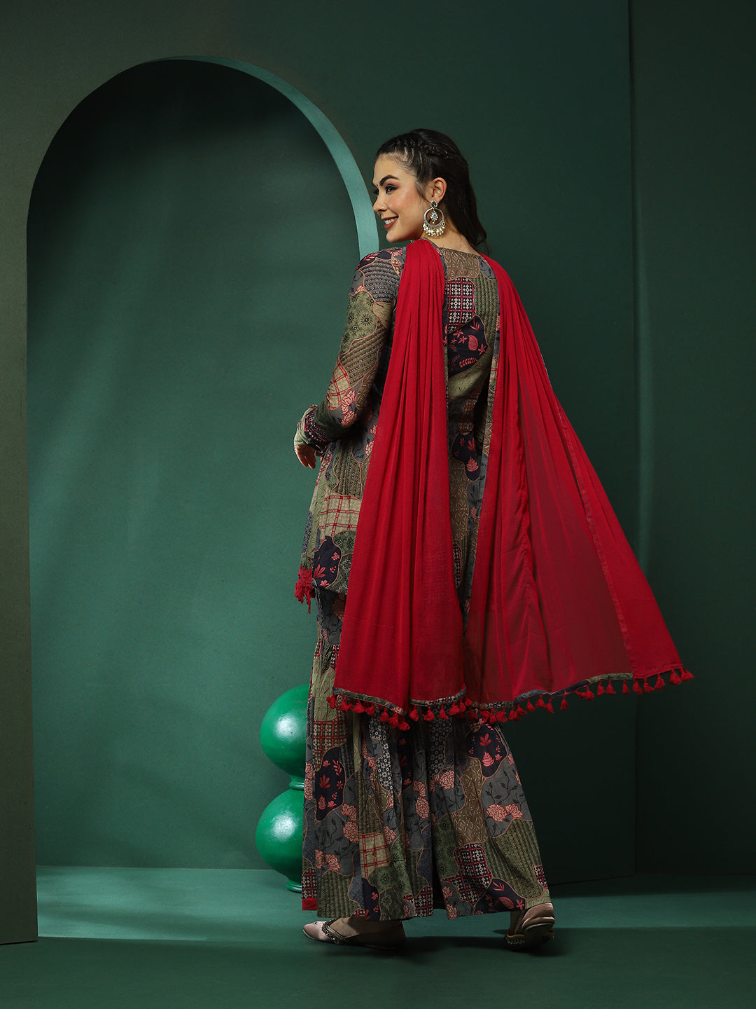 Floral Print Kurta Sharara With Dupatta - Elganza
