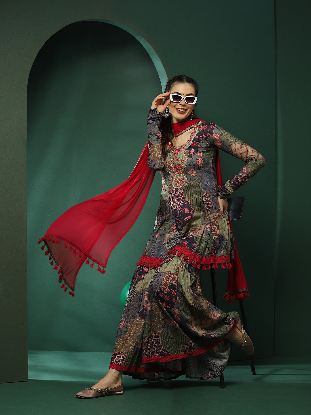 Floral Print Kurta Sharara With Dupatta - Elganza