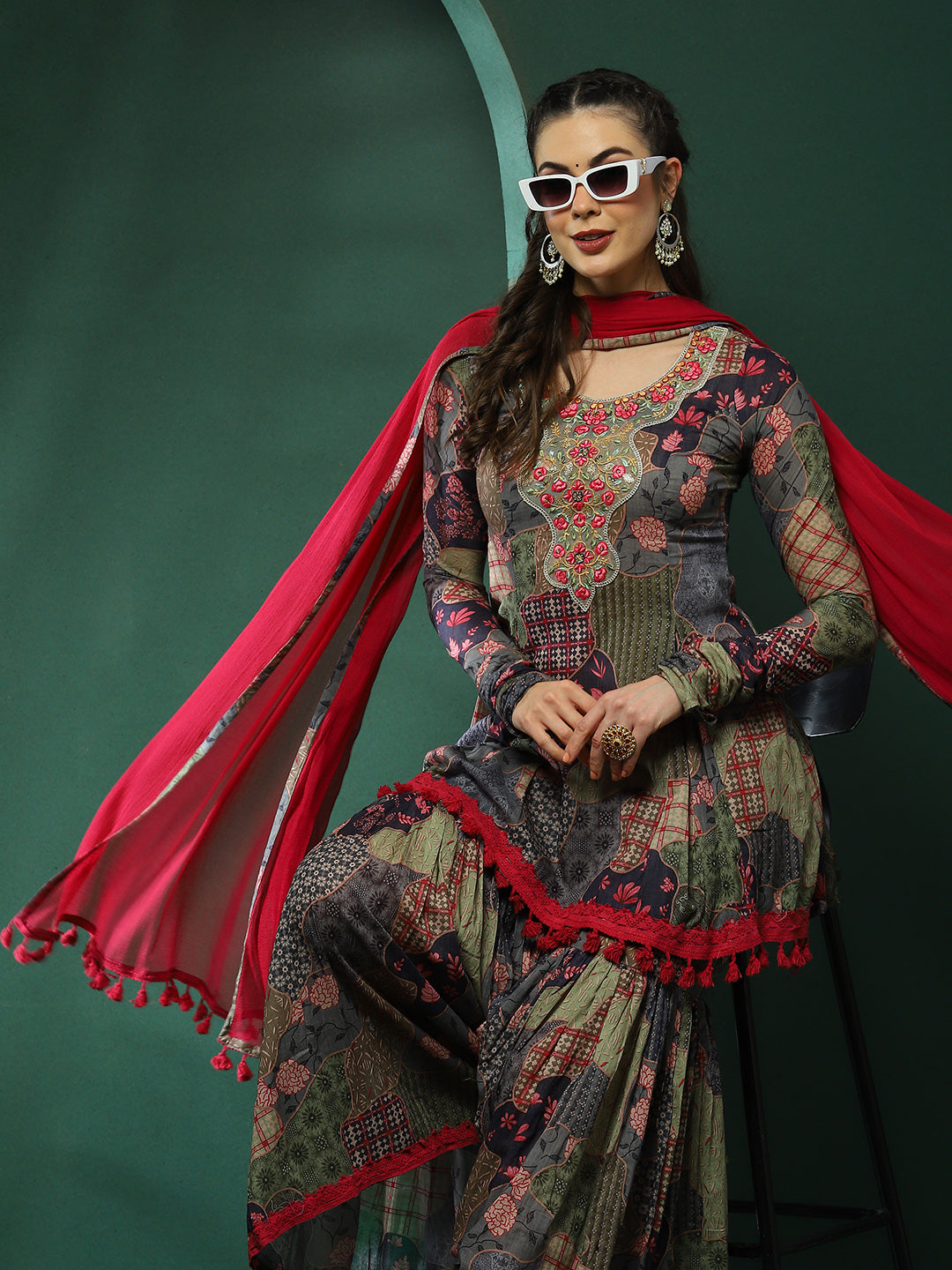 Floral Print Kurta Sharara With Dupatta - Elganza