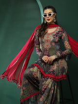 Floral Print Kurta Sharara With Dupatta - Elganza