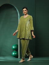 Green Lace Detailed Flared Co-Ords Set - Elganza