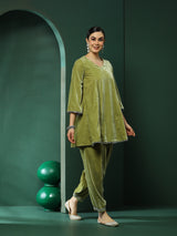 Green Lace Detailed Flared Co-Ords Set - Elganza