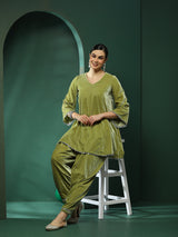 Green Lace Detailed Flared Co-Ords Set - Elganza