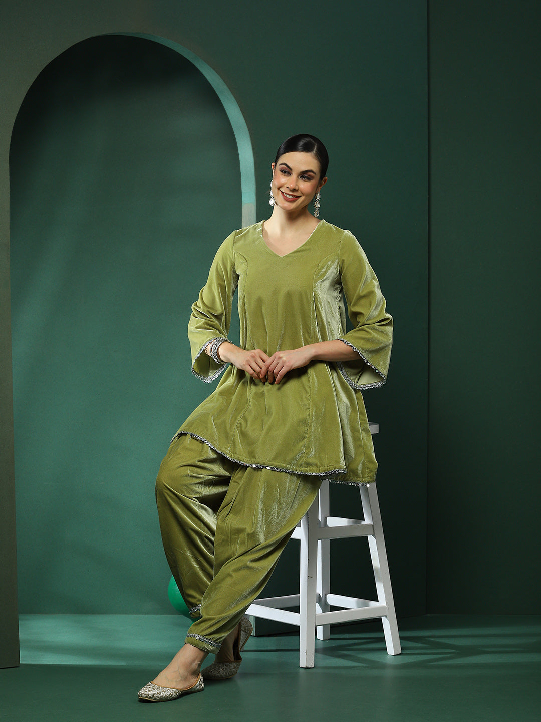 Green Lace Detailed Flared Co-Ords Set - Elganza