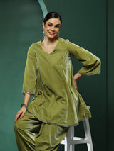 Green Lace Detailed Flared Co-Ords Set - Elganza