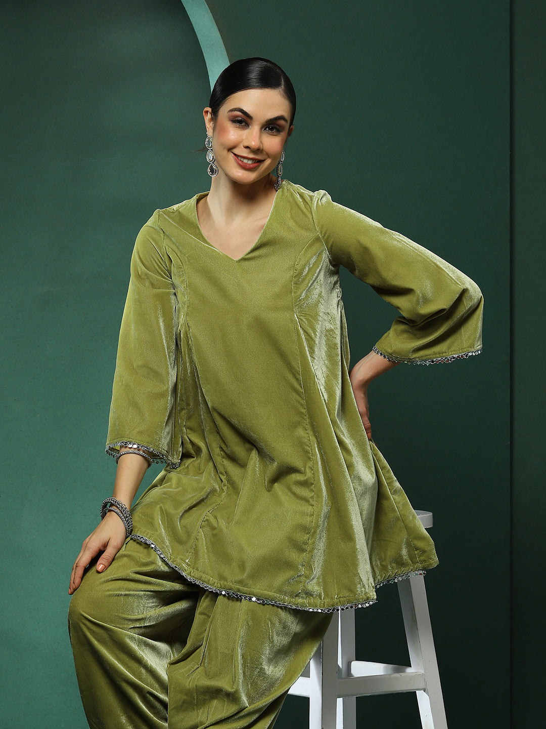 Green Lace Detailed Flared Co-Ords Set - Elganza