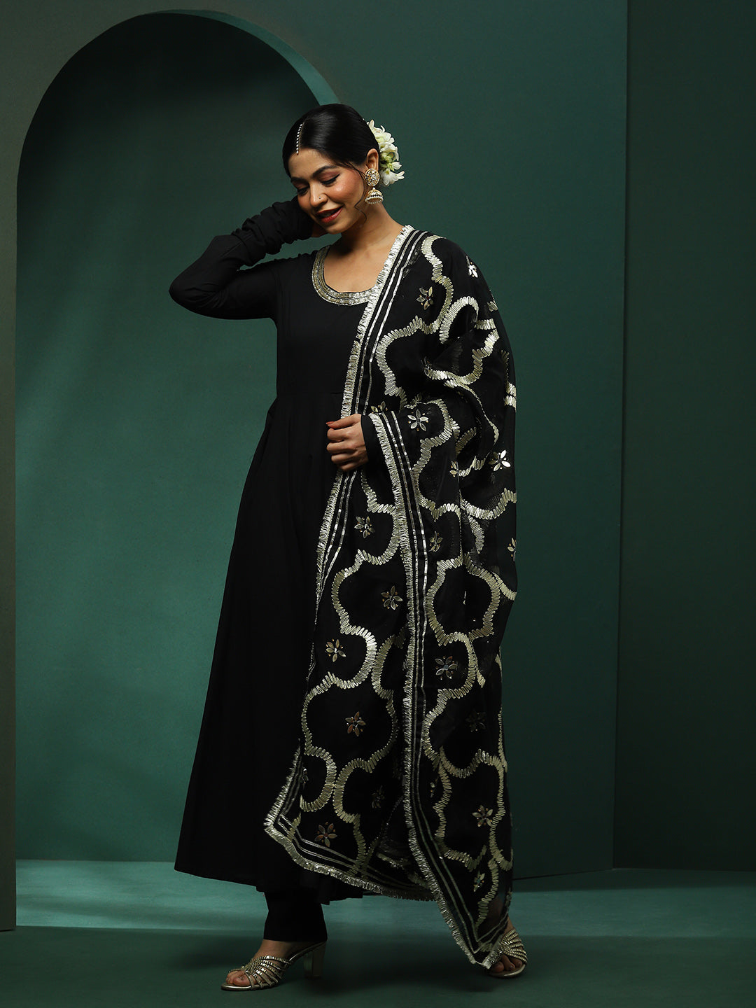 Black Anarkali Pant With Embellished Dupatta