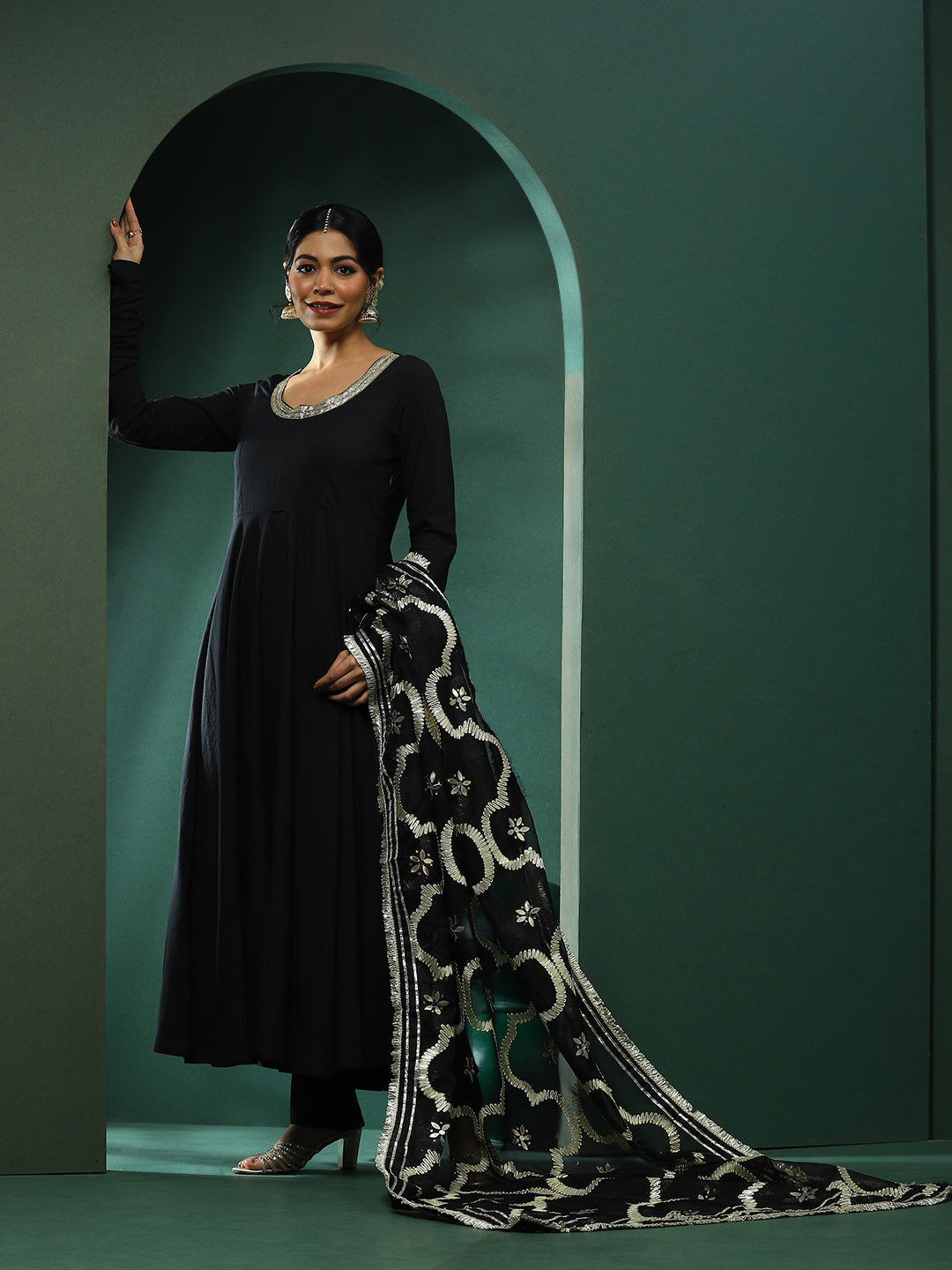 Black Anarkali Pant With Embellished Dupatta
