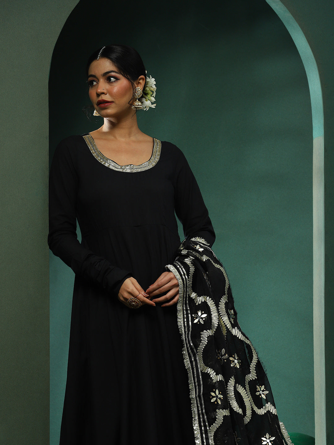 Black Anarkali Pant With Embellished Dupatta