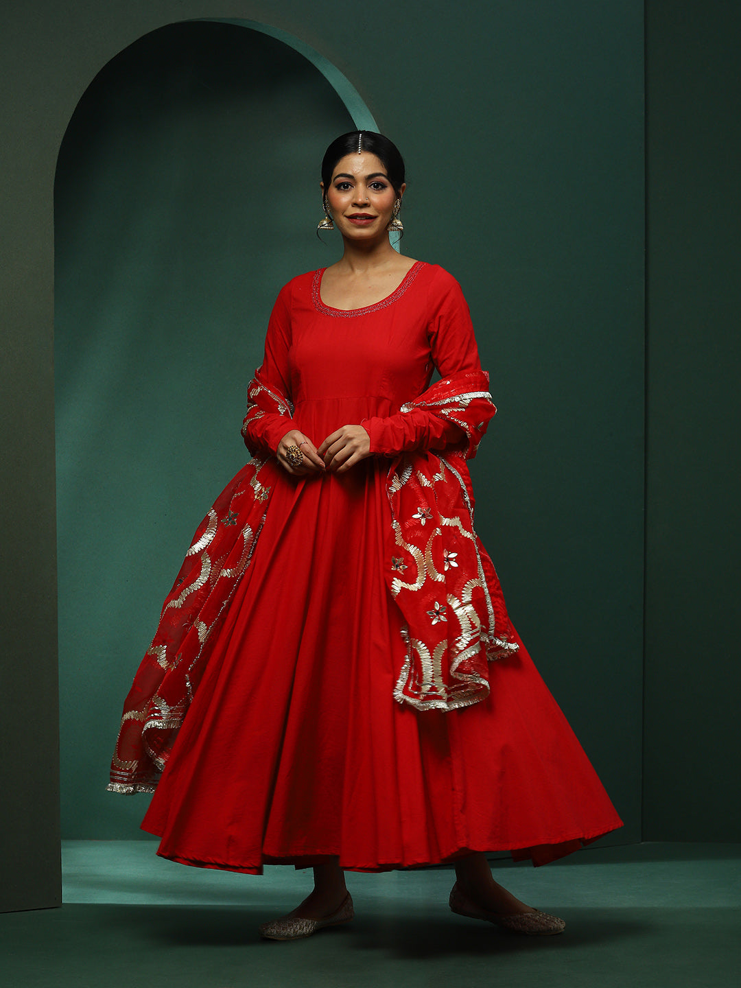 Red Anarkali Pant With Embellished Dupatta - Elganza