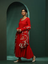 Red Anarkali Pant With Embellished Dupatta - Elganza