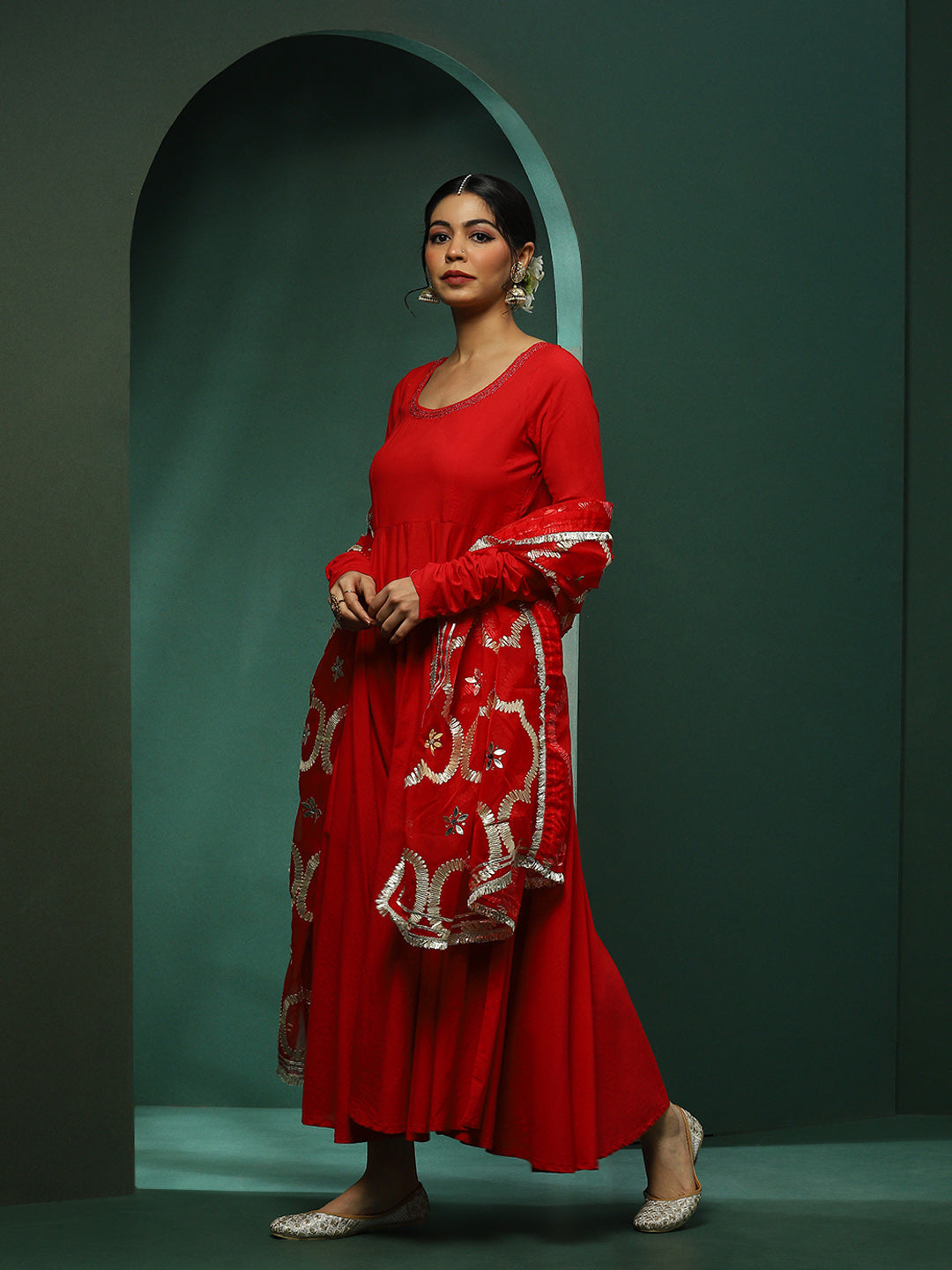 Red Anarkali Pant With Embellished Dupatta - Elganza