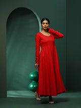 Red Anarkali Pant With Embellished Dupatta - Elganza