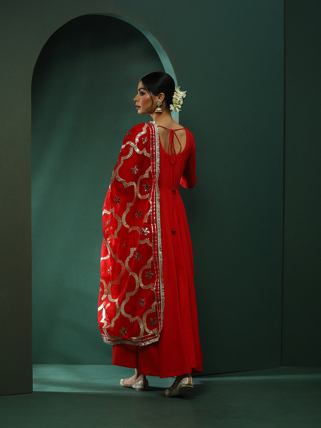 Red Anarkali Pant With Embellished Dupatta - Elganza