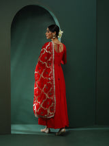 Red Anarkali Pant With Embellished Dupatta - Elganza