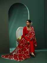 Red Anarkali Pant With Embellished Dupatta - Elganza