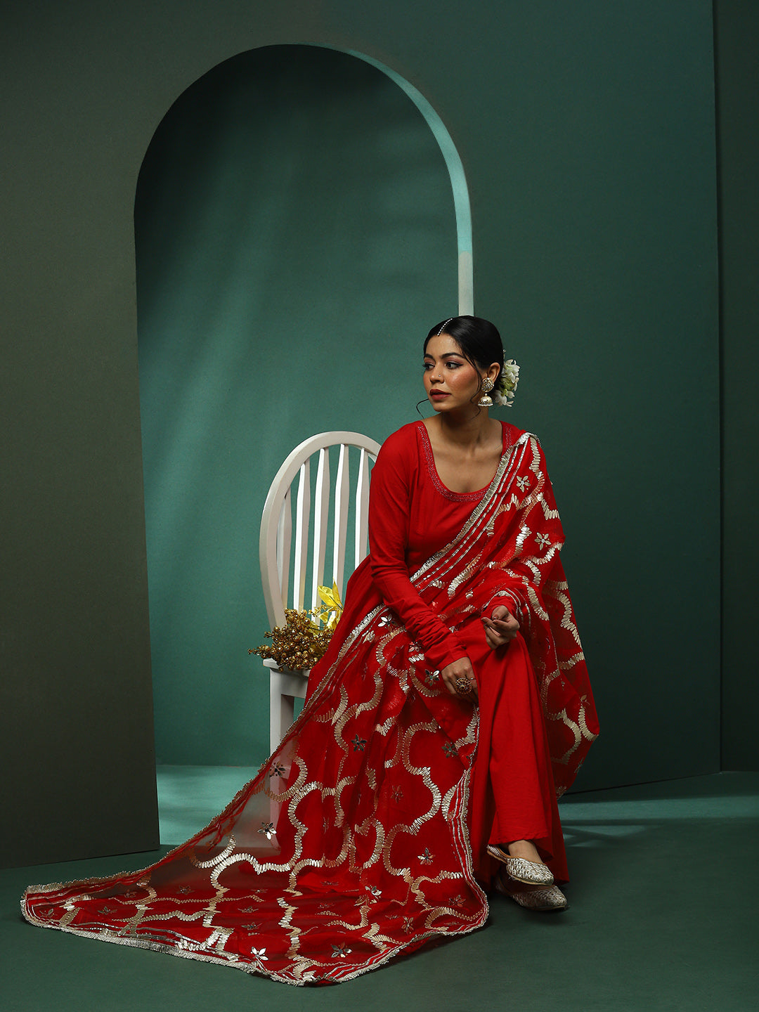 Red Anarkali Pant With Embellished Dupatta - Elganza